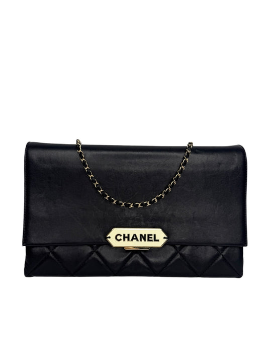 Chanel Black Retro Label Clutch On Chain T9056