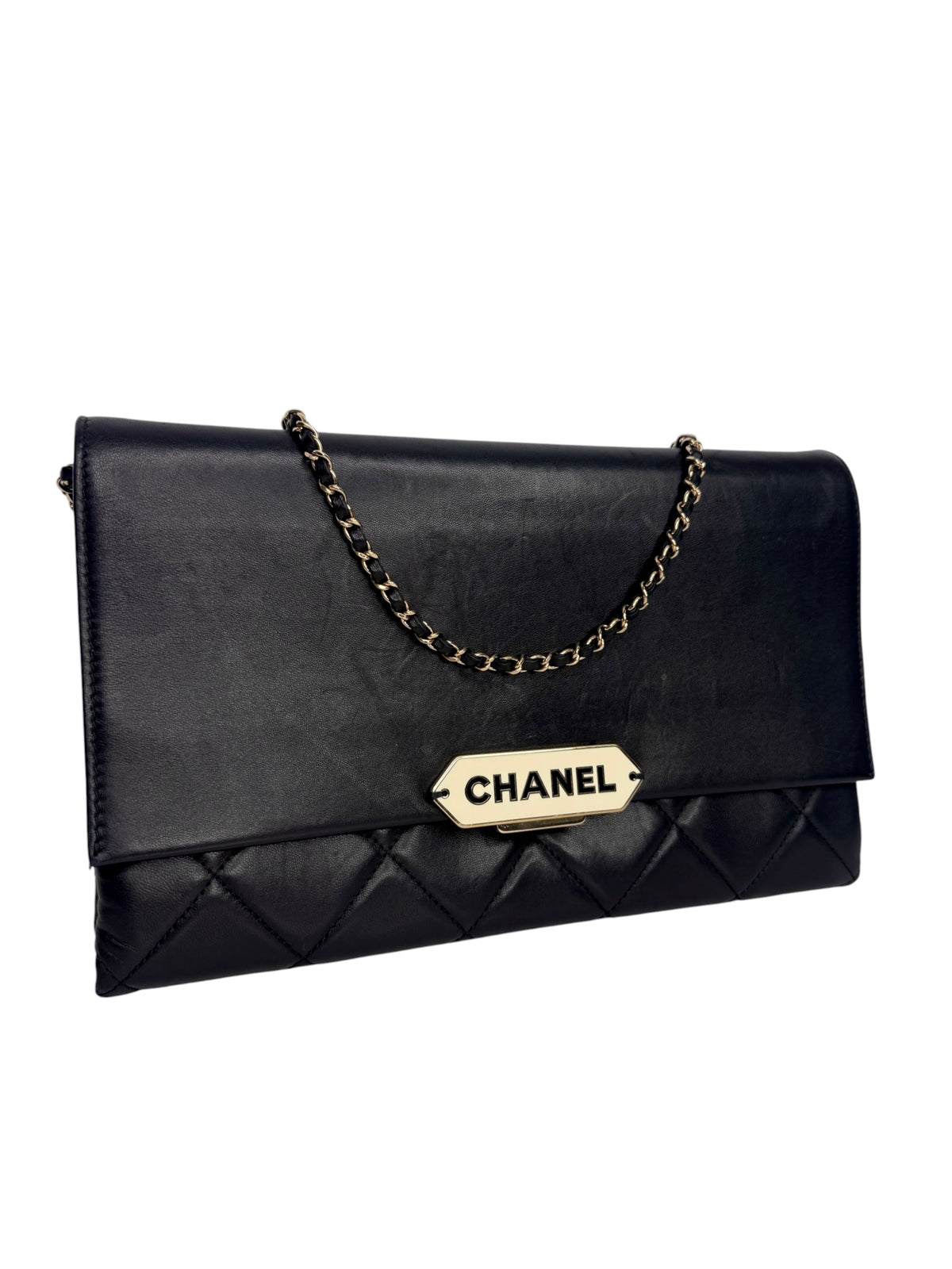 Chanel Black Retro Label Clutch On Chain T9056