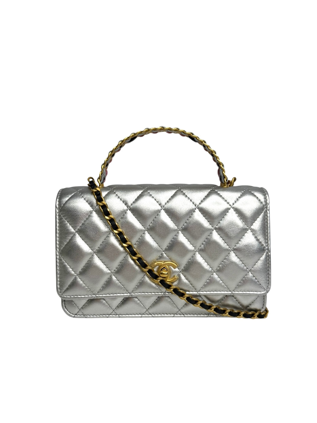 Chanel Mini Silver Pick Me Up Top Handle Wallet on Chain T9216