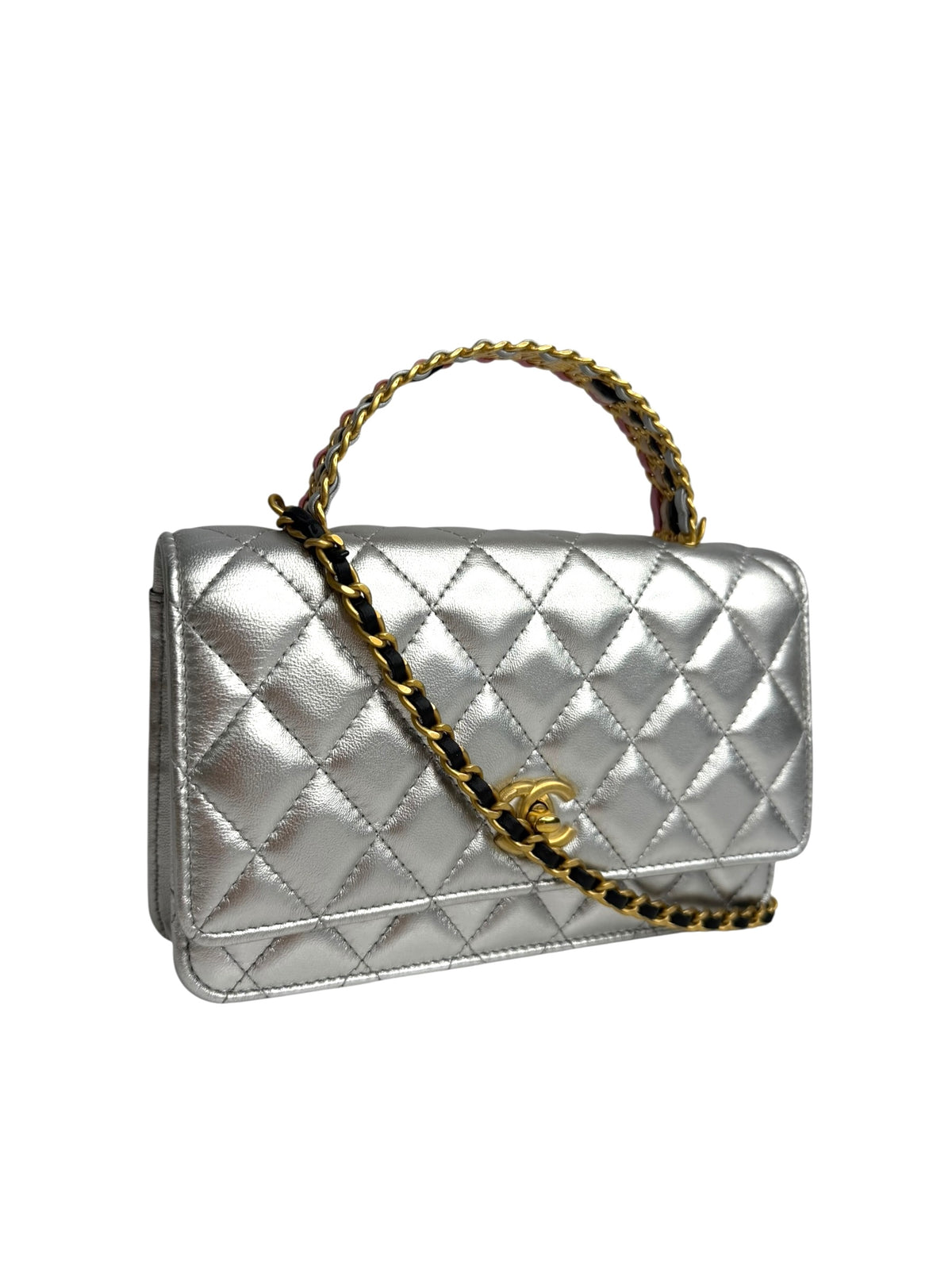 Chanel Mini Silver Pick Me Up Top Handle Wallet on Chain T9216