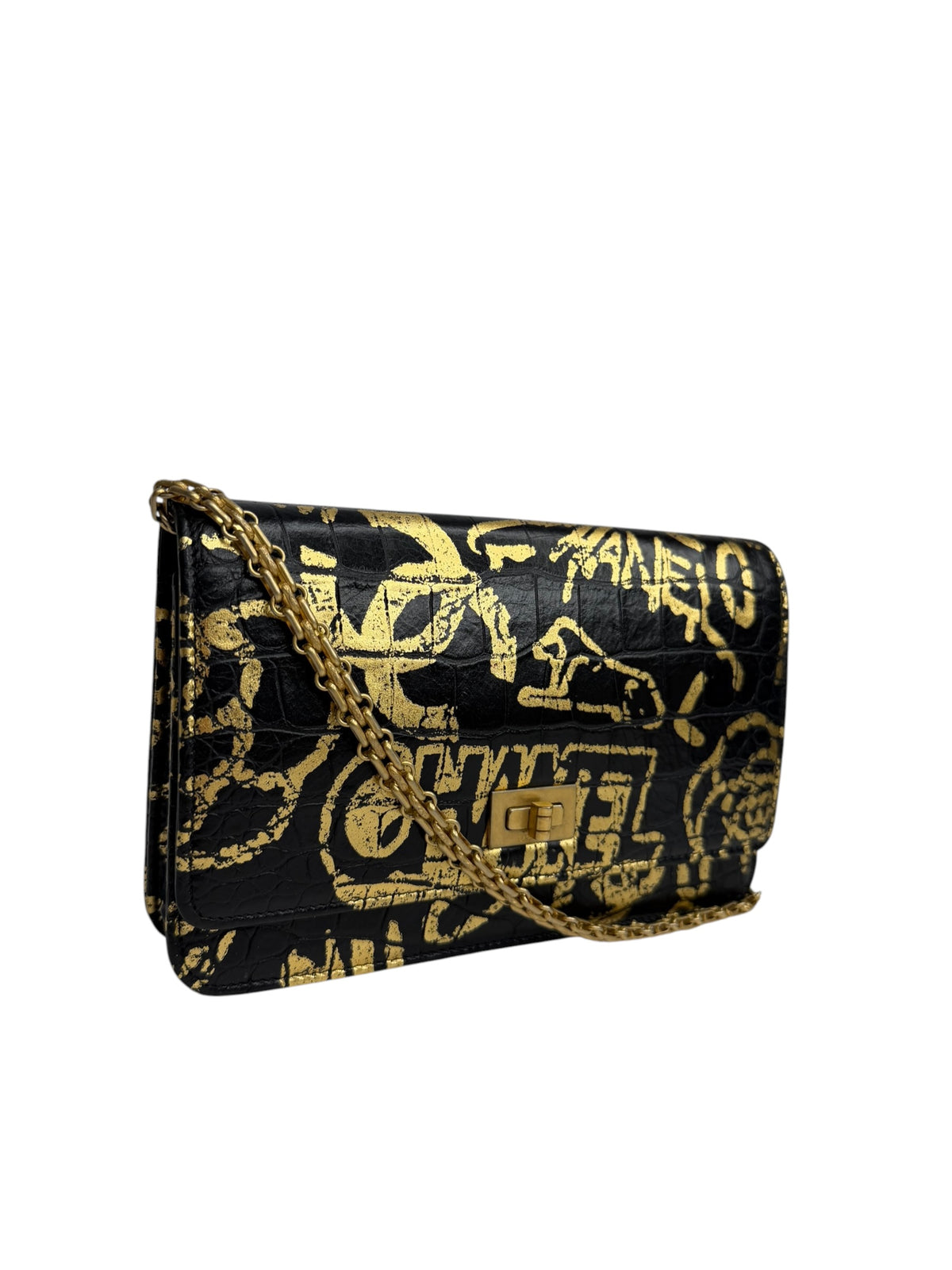 Chanel Crocodile Embossed Graffiti Wallet On Chain T9201