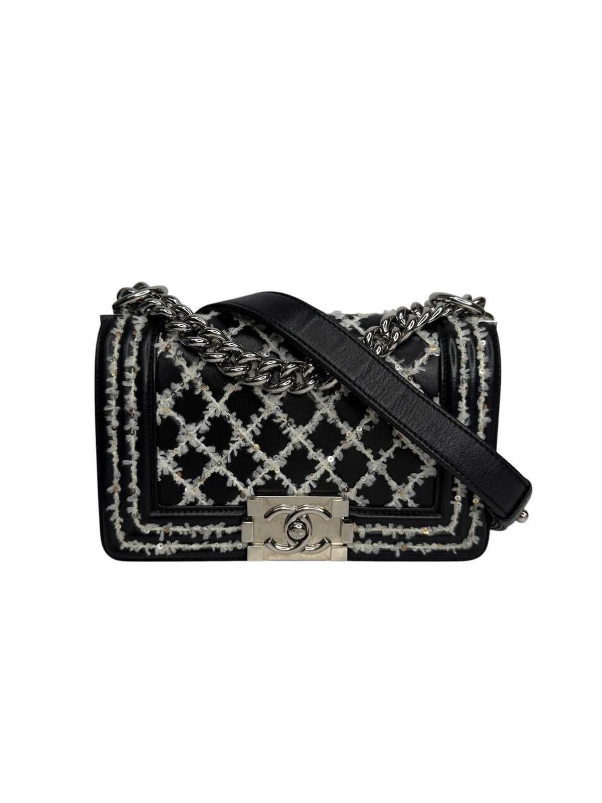 Chanel Small Boy Tweed Sequin Stitch Black Lambskin T8216