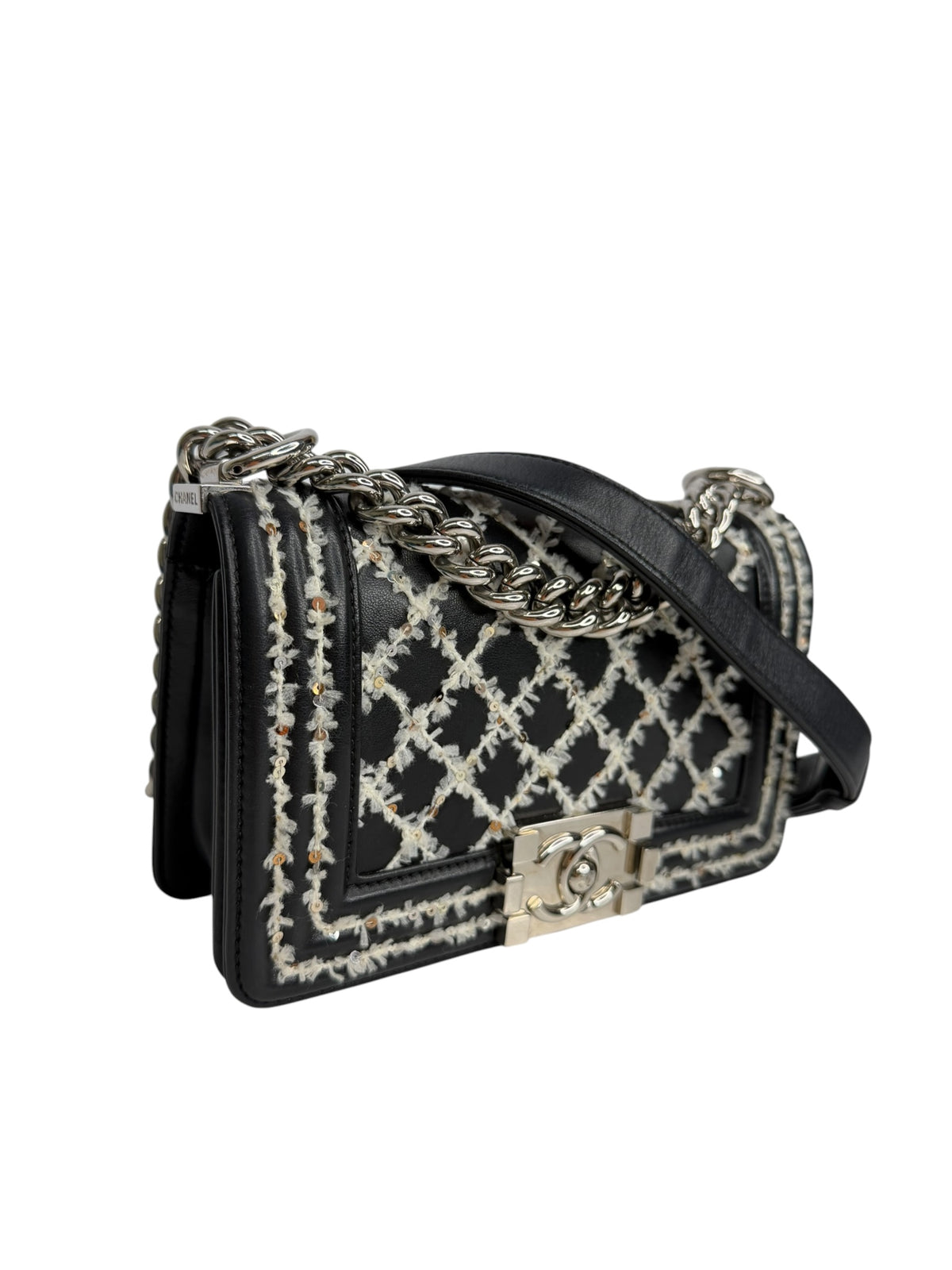 Chanel Small Boy Tweed Sequin Stitch Black Lambskin T8216