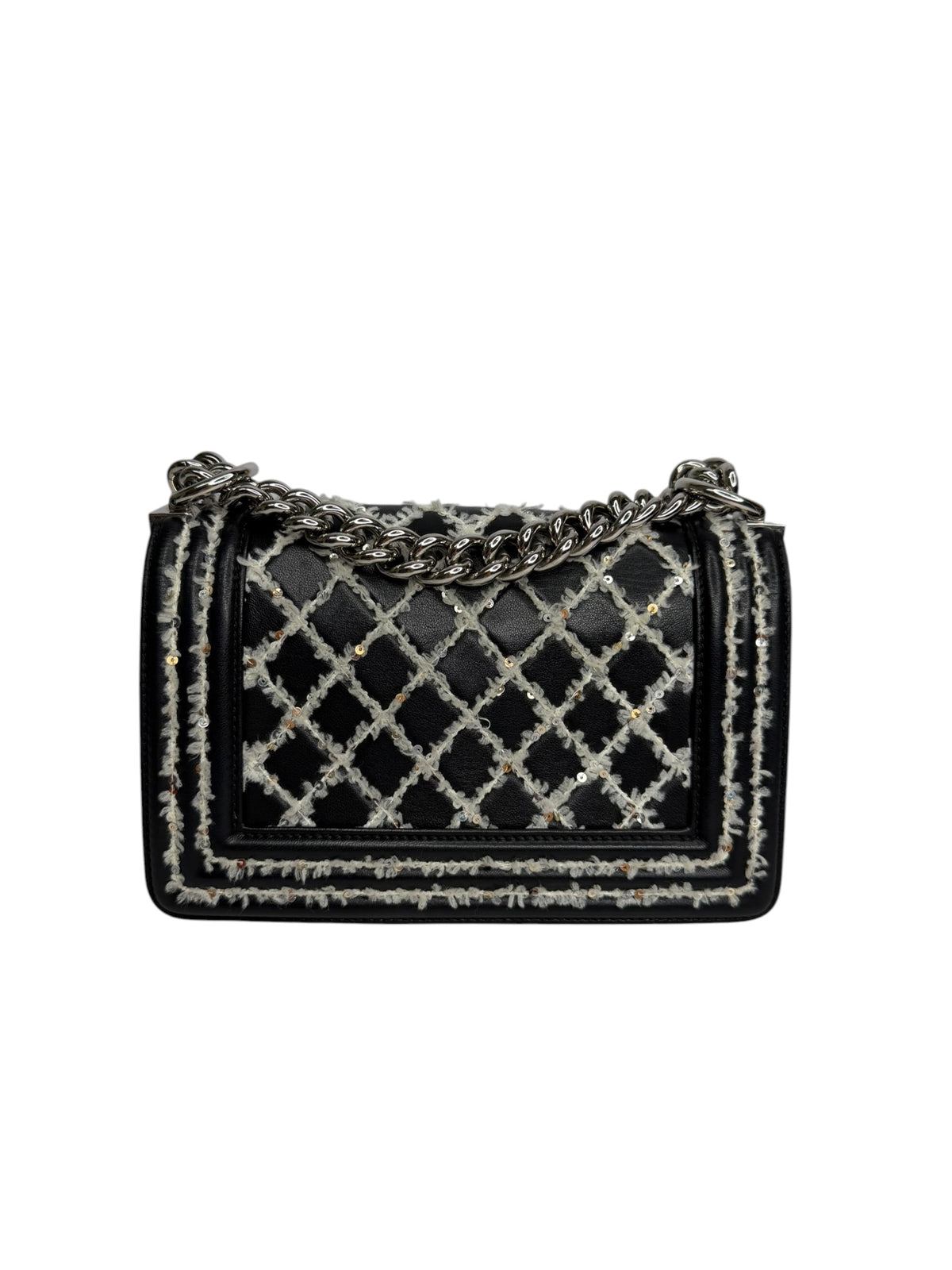 Chanel Small Boy Tweed Sequin Stitch Black Lambskin T8216