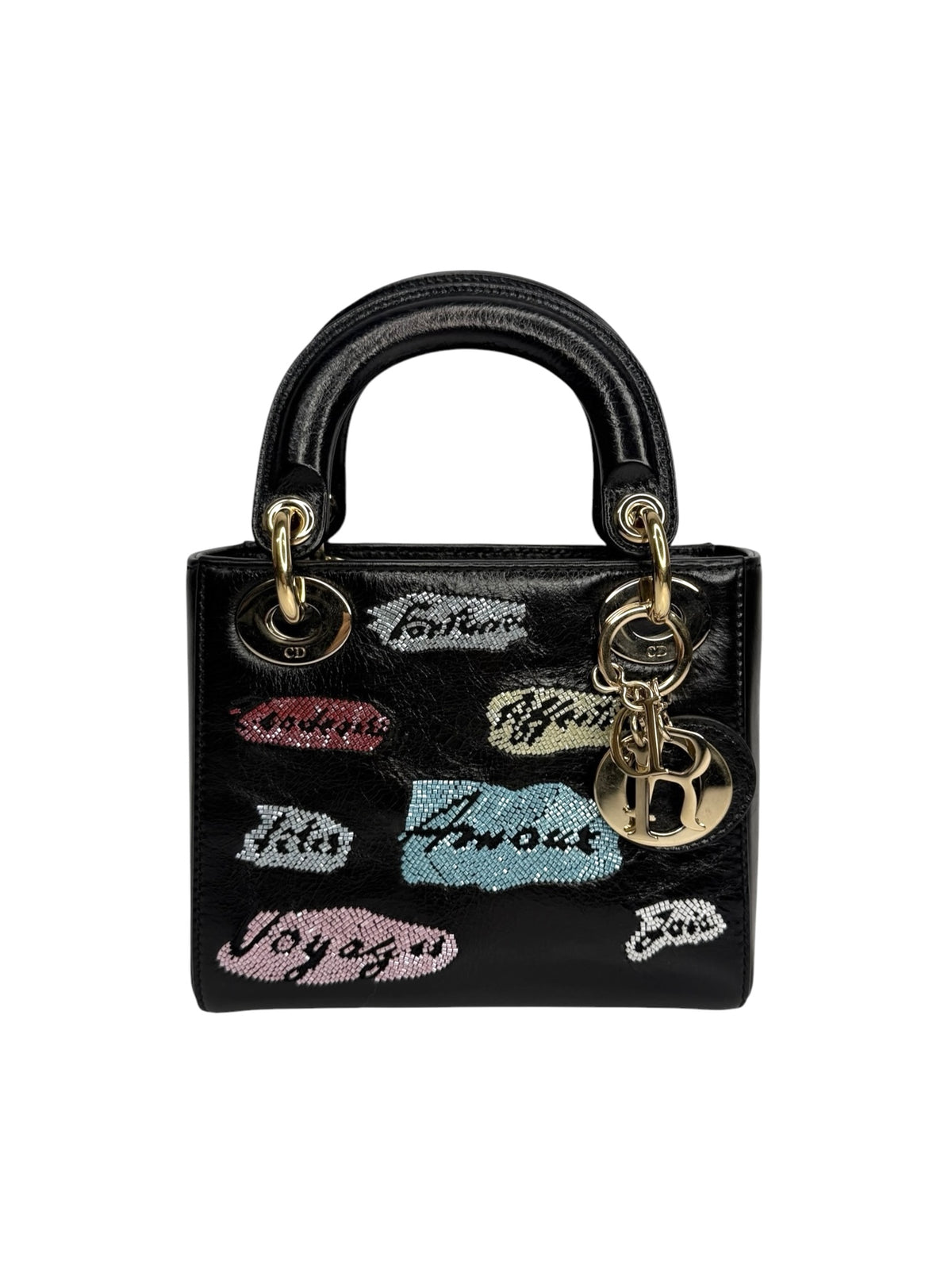 Christian Dior Black Leather Beaded Mini Lady Dior T9066