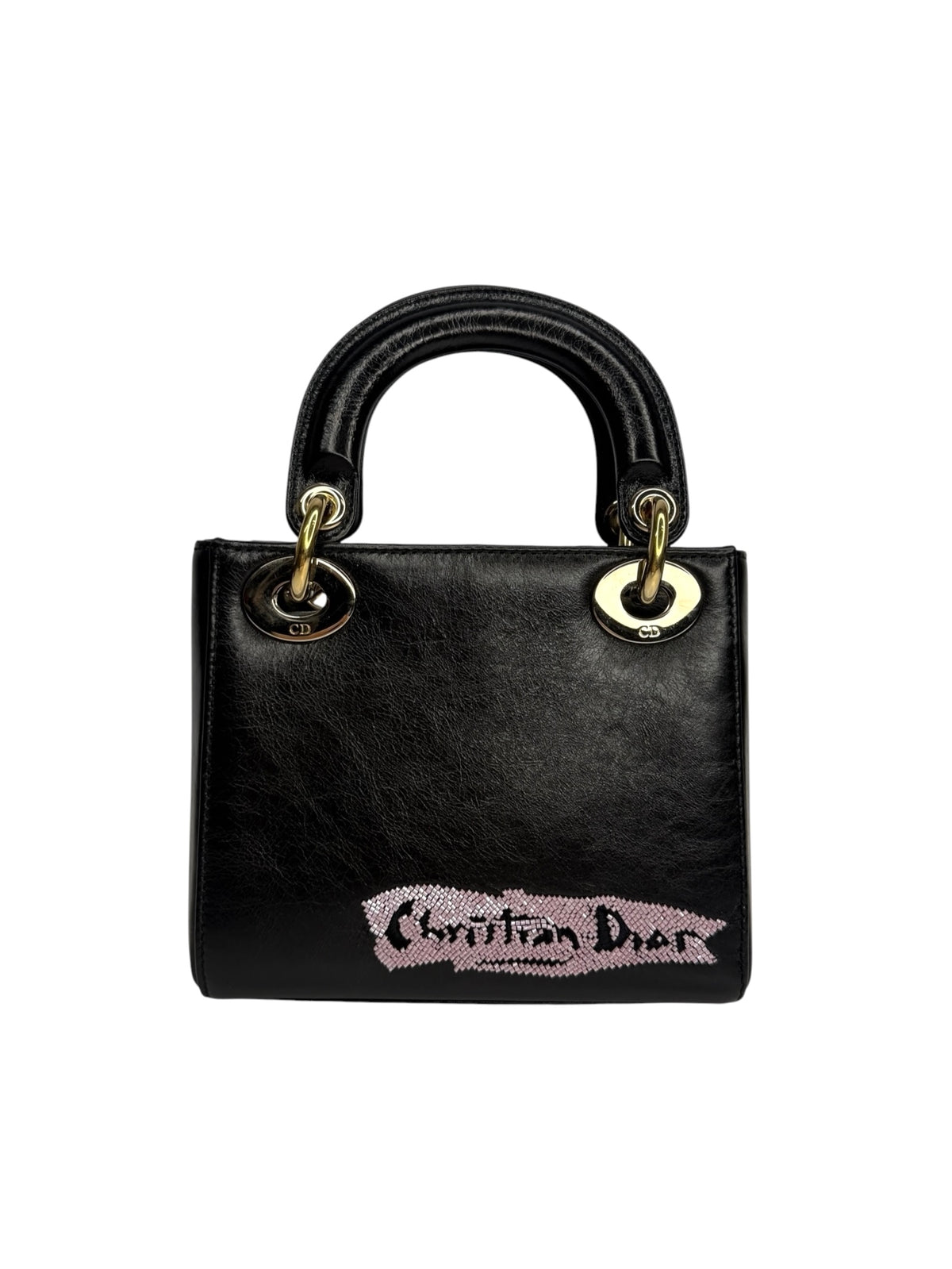 Christian Dior Black Leather Beaded Mini Lady Dior T9066