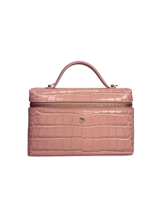 Chanel Pink Crocodile Embossed Top Handle Slim Vanity T9141