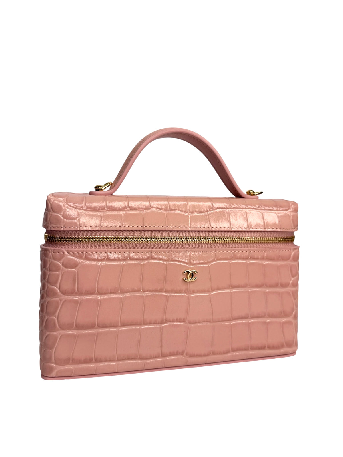 Chanel Pink Crocodile Embossed Top Handle Slim Vanity T9141