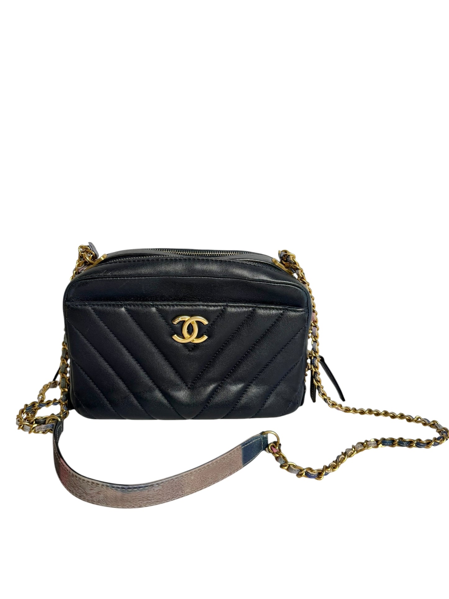 Chanel Black Lambskin Chevron Crossbody Camera Bag