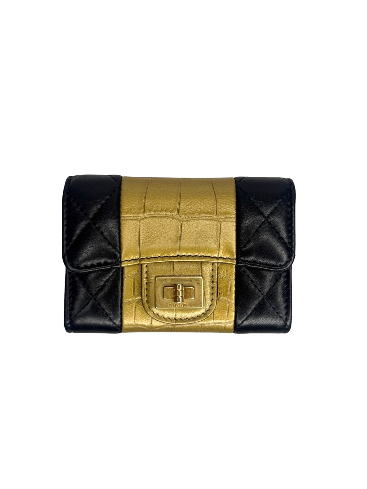 Chanel Black Reissue 2.55 Lambskin And Gold Crocodile Embossed Calfskin Cardholder T9087